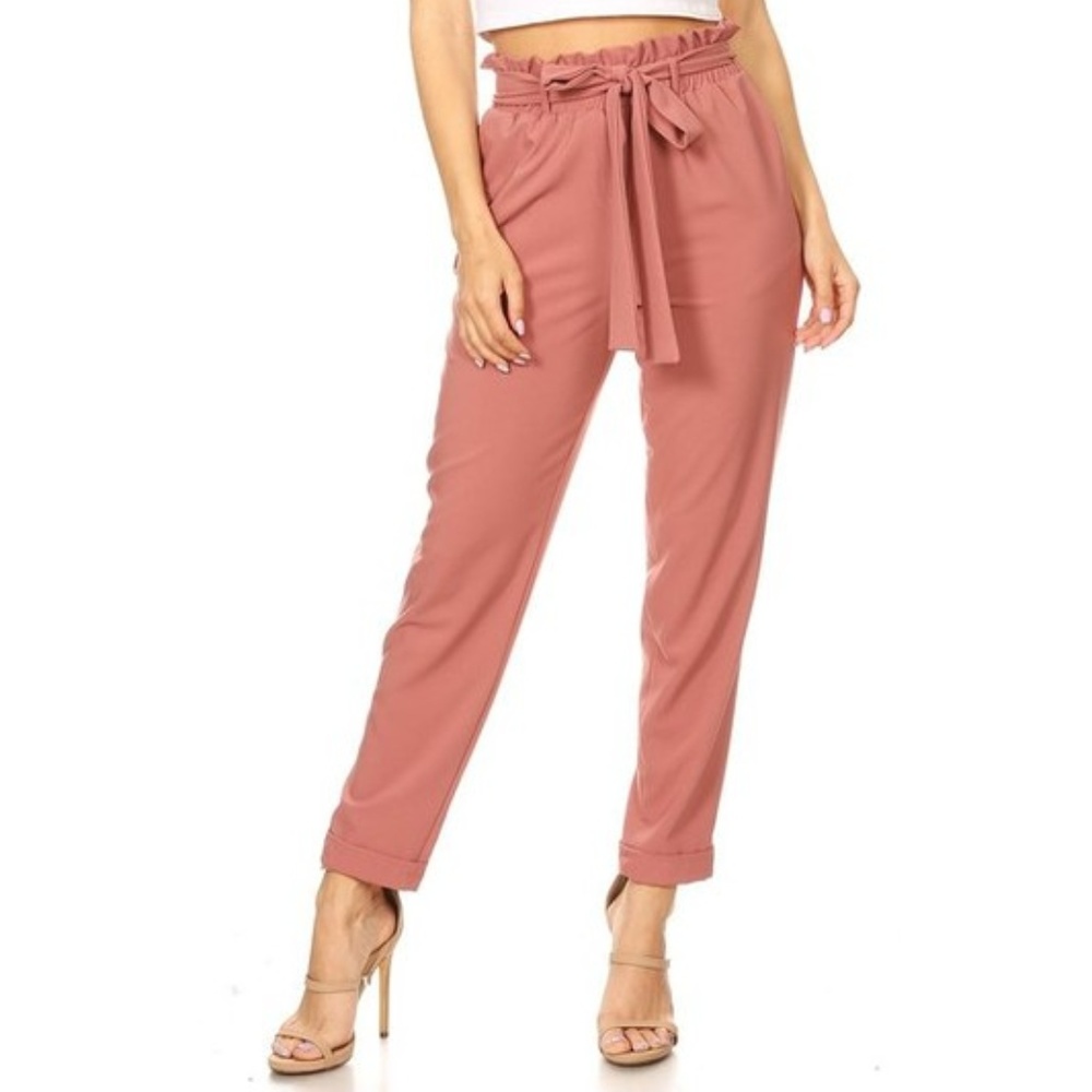 Pink High Waisted-Belted Pants